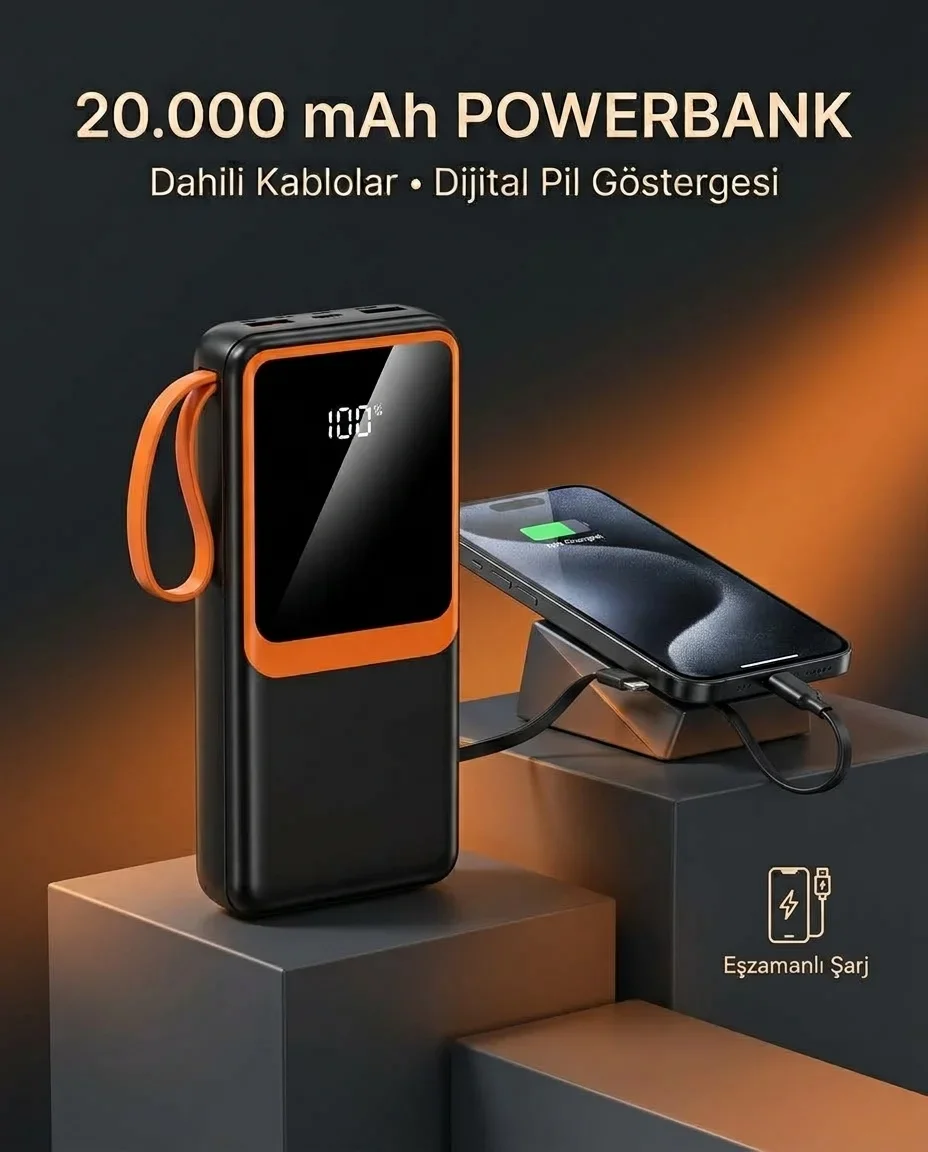 20000 mAh Dijital Ekranlı Powerbank Çoklu Bağlantı Uçlu Taşınabilir Yedek Batarya