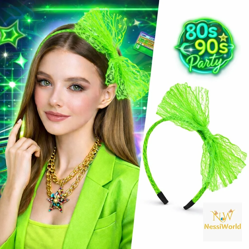 80’ler 90’lar Neon Yeşil Dantel Taç Fiyonklu görsel 2