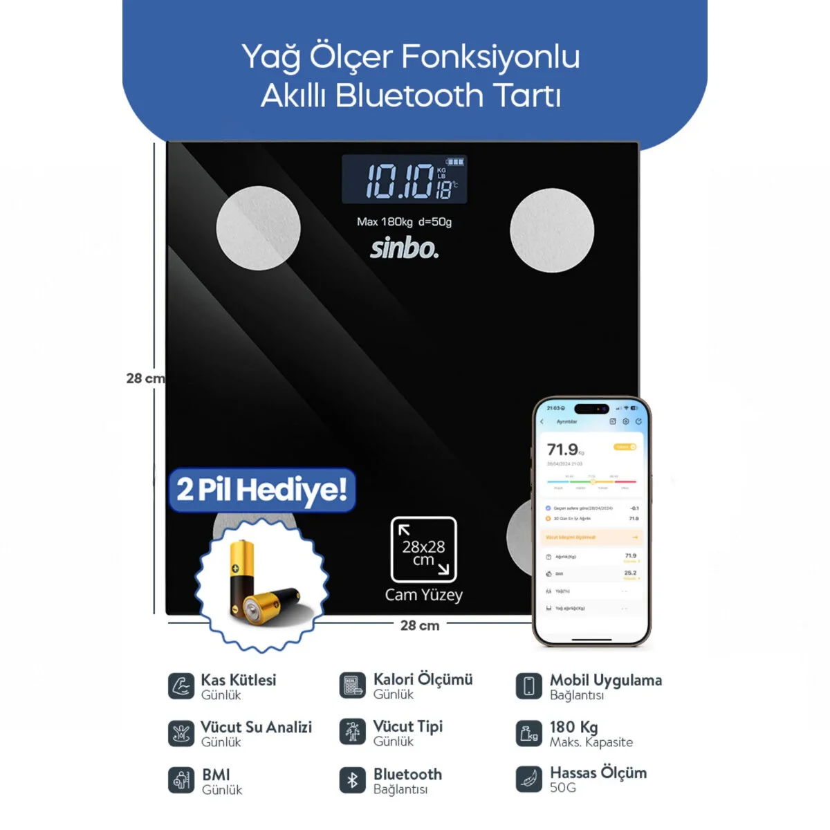 Dijital - Pilli Cam Banyo Baskülü Lcd Ekran - Sıcaklık Göstergeli 180KG/50GR 28X28CM SBS-4466 görsel 2