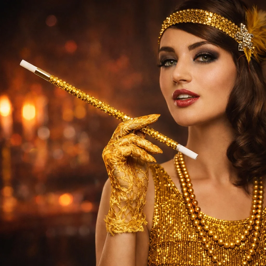 30 cm Altın Gold Payetli Sigara Tutacağı – 1920’ler Gatsby Parti Aksesuarı görsel 3