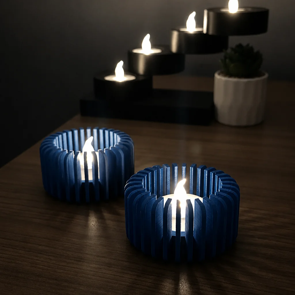 3D Baskı Modern Çizgili Mumluk - Tealight Mumluk (1 Adet)-Mavi görsel 3