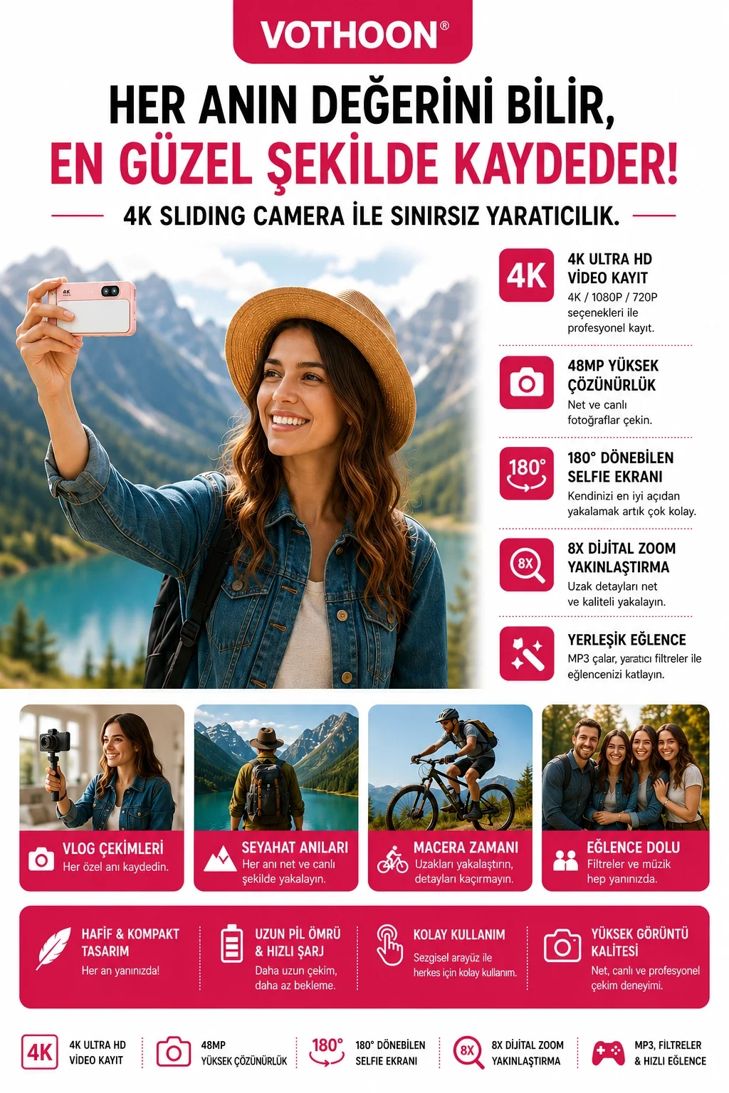 Dijital Kamera 4K HD 48MP 8X Zoom Flaşlı Kayar Retro Video Kamera 2.4’’ Ekran 64GB SD Kart Hediyeli Pembe görsel 4
