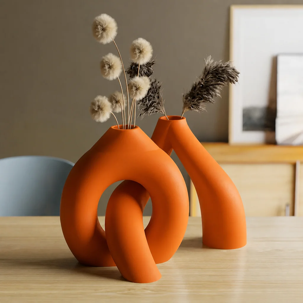 3D Baskı Interlocking Vazo - İç İçe Geçen Dekoratif Vazo-Turuncu