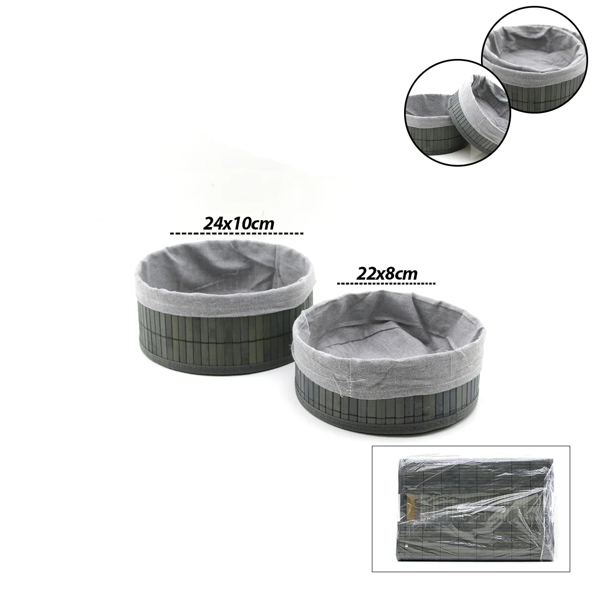 Yuvarlak Organizer Sepet - Bambu Kenarlı Ahşap Taban Bezli (Çap 22x24 cm) görsel 2