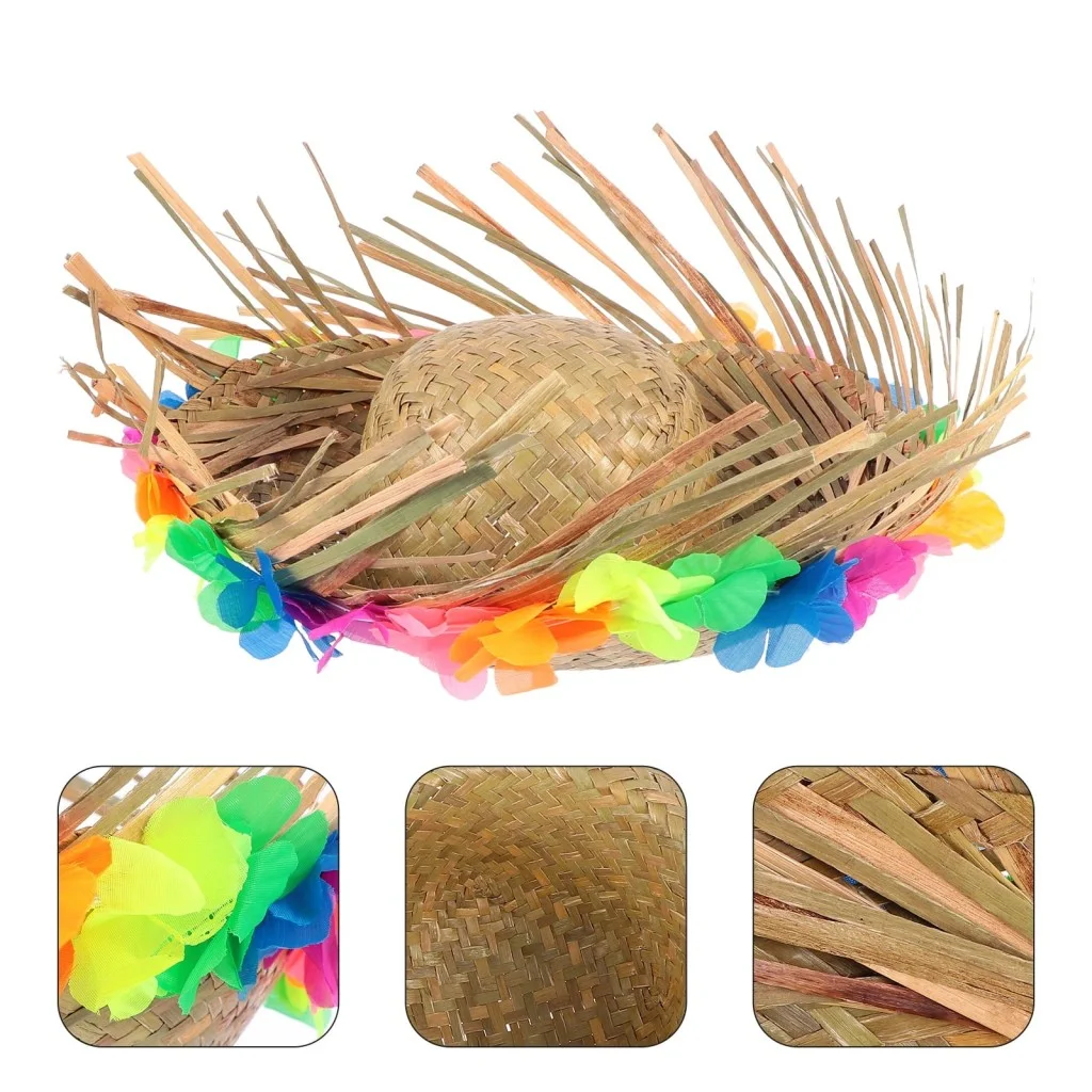Naturel Renk Püsküllü Örme Hasır Hawaii Luau Aloha Şapka 13x36 cm görsel 3