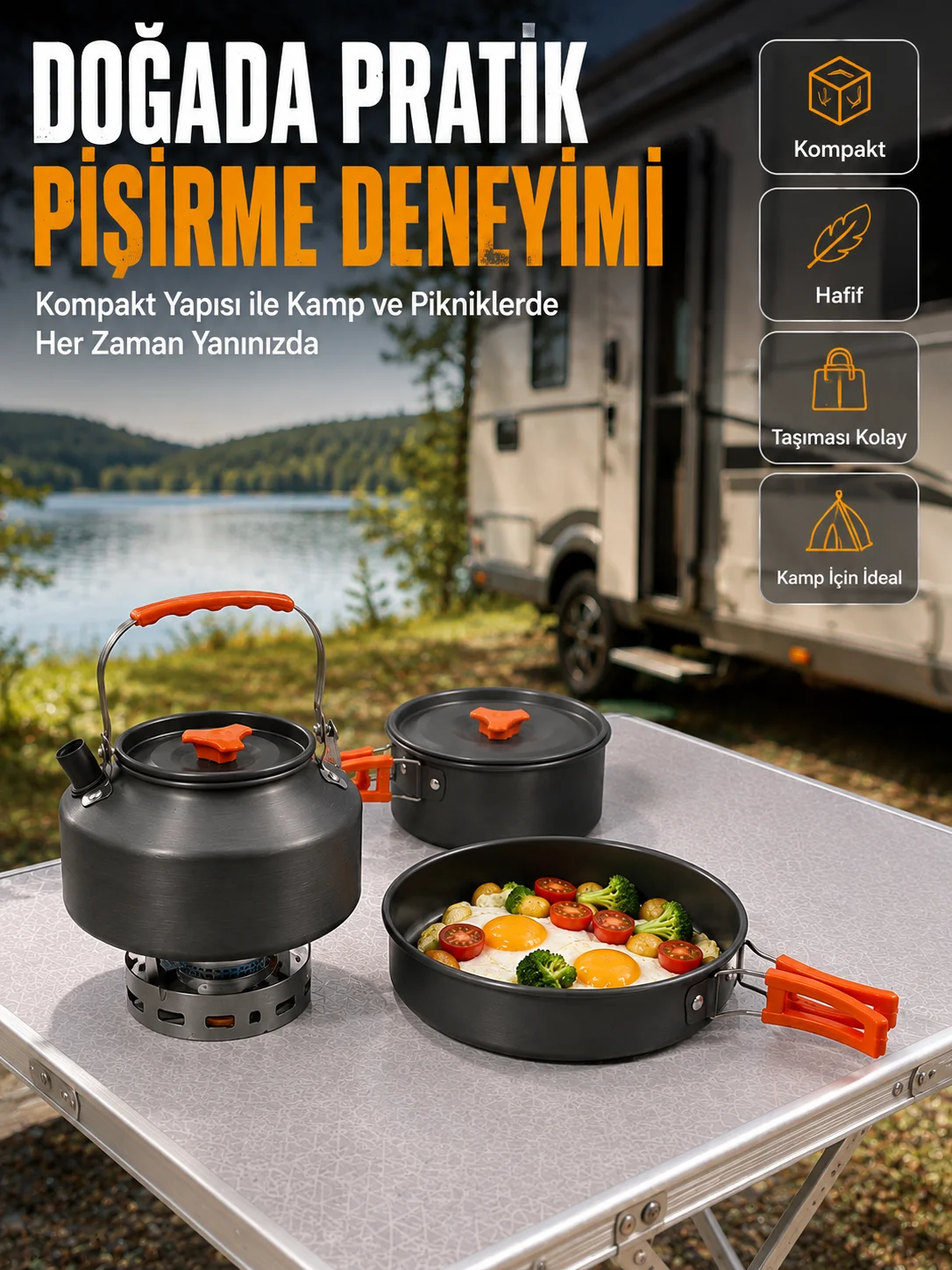 Alünyum Kamp Pişirme Seti Katlanabilir Kulplu Çaydanlık Tencere Tava Outdoor Yemek Seti