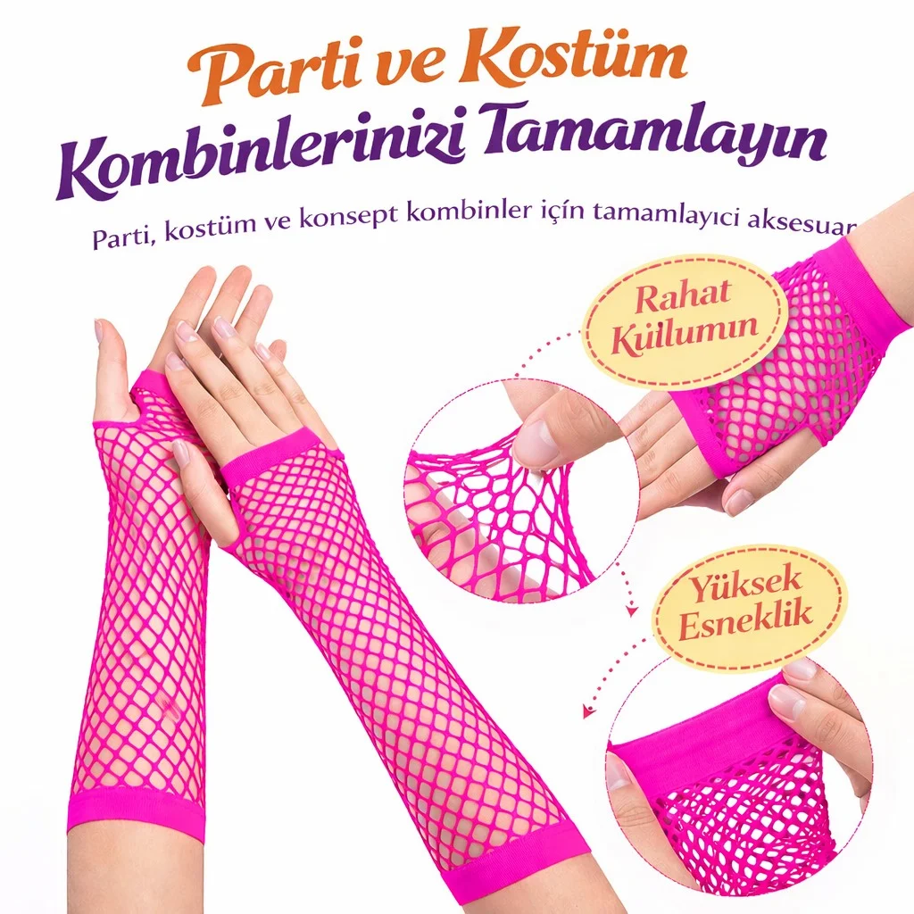 80’ler 90’lar Retro Neon Fuşya Şeker Pembesi File Parmaksız Eldiven 26 cm görsel 2