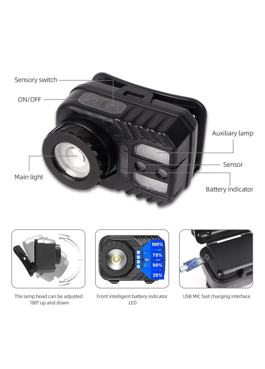 PS-571 Sensörlü XPG COB LED USB Şarj Edilebilir Lityum Pilli Zoomlu Kafa Feneri görsel 7