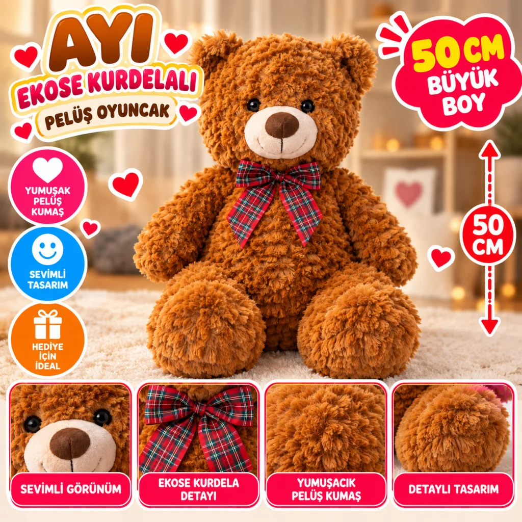 PL50243 50 Cm Ayı Ekose Kurdelalı Peluş Oyuncak