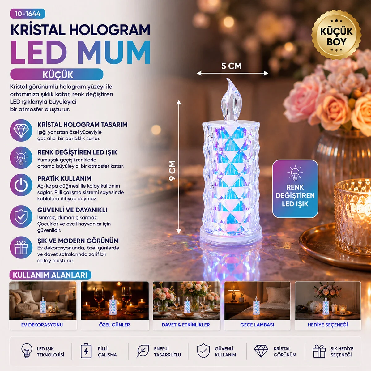 12 Adet Led Candle Kamp Küçük Boy= ÇAP:5CM - Y: 9CM Pilli Led Mum ka Kristal Plastik YAKUT-13635 görsel 2
