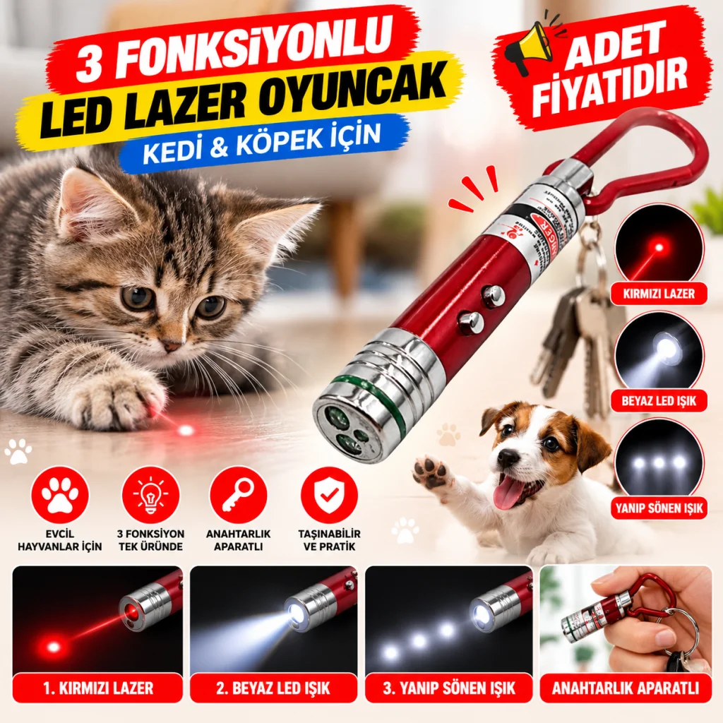3 Fonksiyonlu Kırmızı Beyaz Işıklı Led Lazer Kedi Köpek Oyuncak Anahtarlık - 1 Adet Stokta Olan Renk Gönderilir