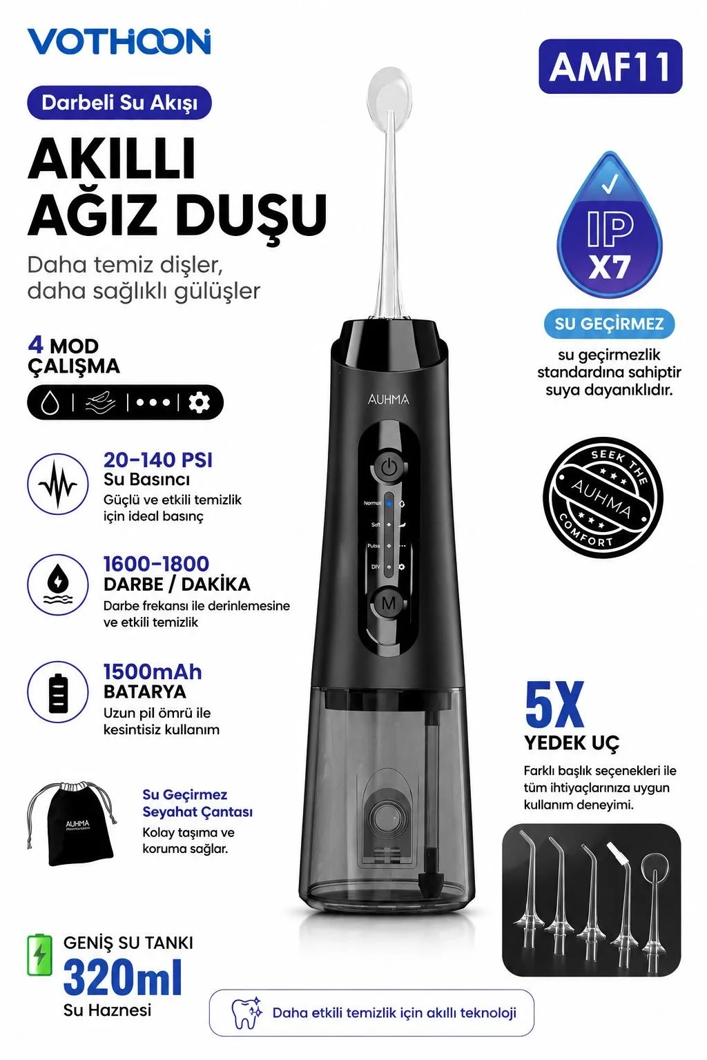 Şarjlı Ağız Duşu Diş Bakım Cihazı 4 Modlu Diş Arası Temizleyici 320ML 5 Başlıklı 1500 mAh Kablosuz