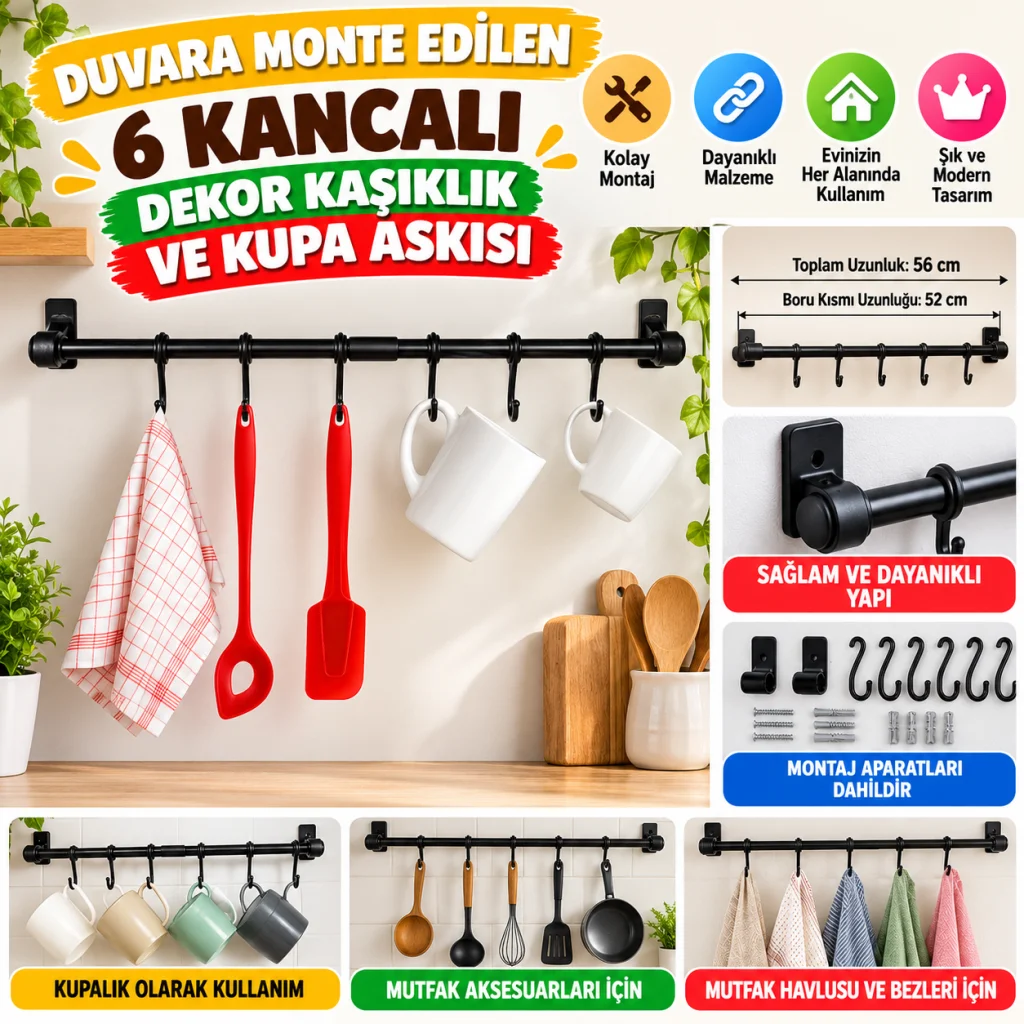Duvara Monte Edilen 6 Kancalı Dekor Kaşıklık ve Kupa Askısı (adet fiyatıdır)
