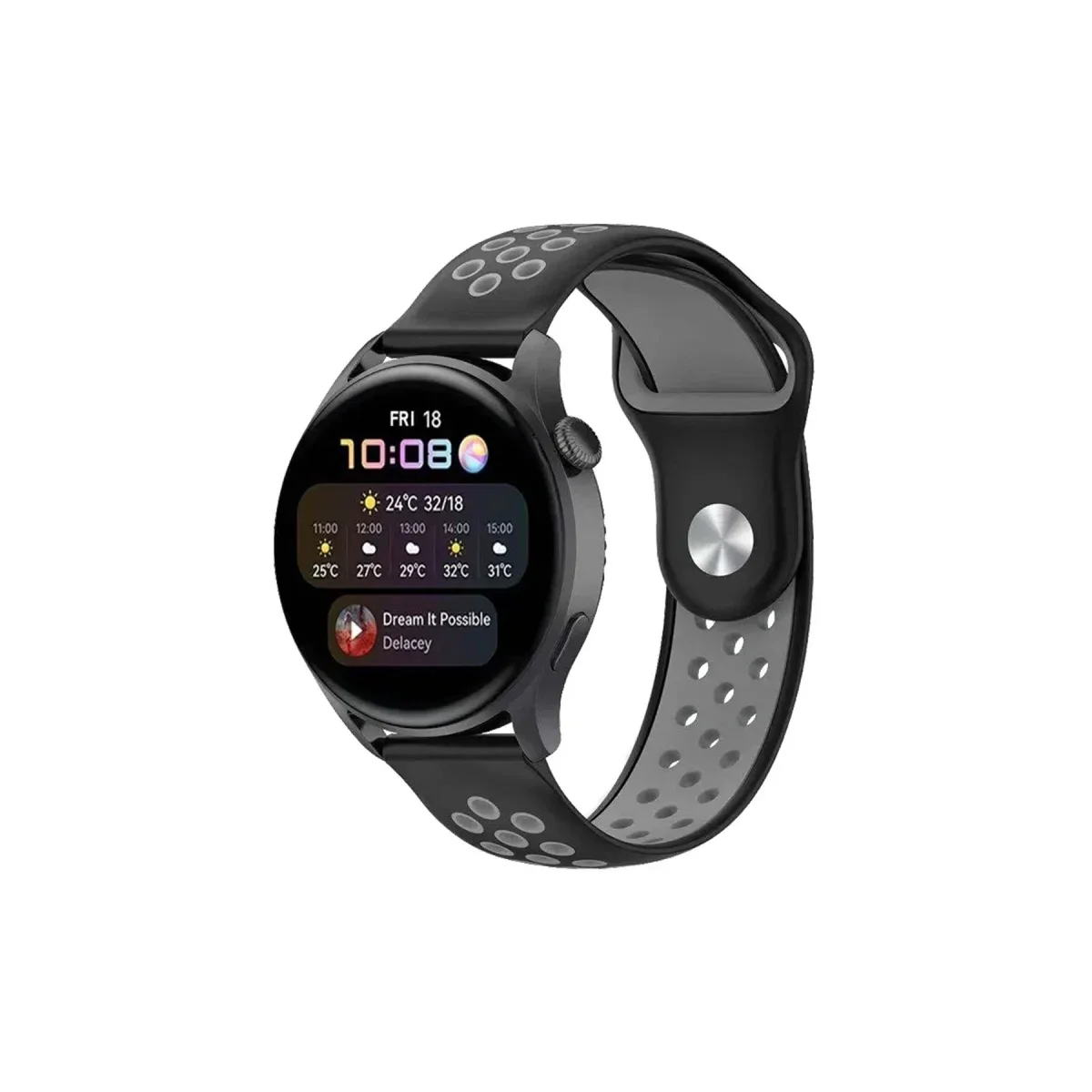 Watch 20mm Spor Delikli Kordon - Siyah-Gri