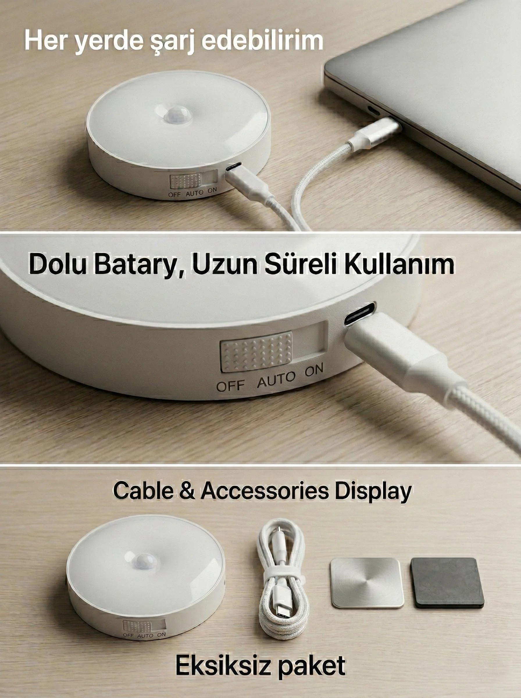 Hareket Sensörlü Yuvarlak LED Aydınlatma & USB Şarjlı Pratik Gece Lambası (8 cm) görsel 2