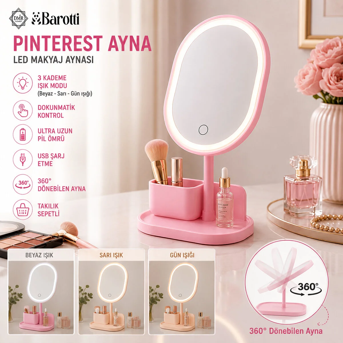 Yuvarlak- Düz Kenar 7 İnç Ledli - Usb Şarjlı Makyaj Aynası 90°TAKILIKLI Ayakr.pls 17.5CM görsel 2