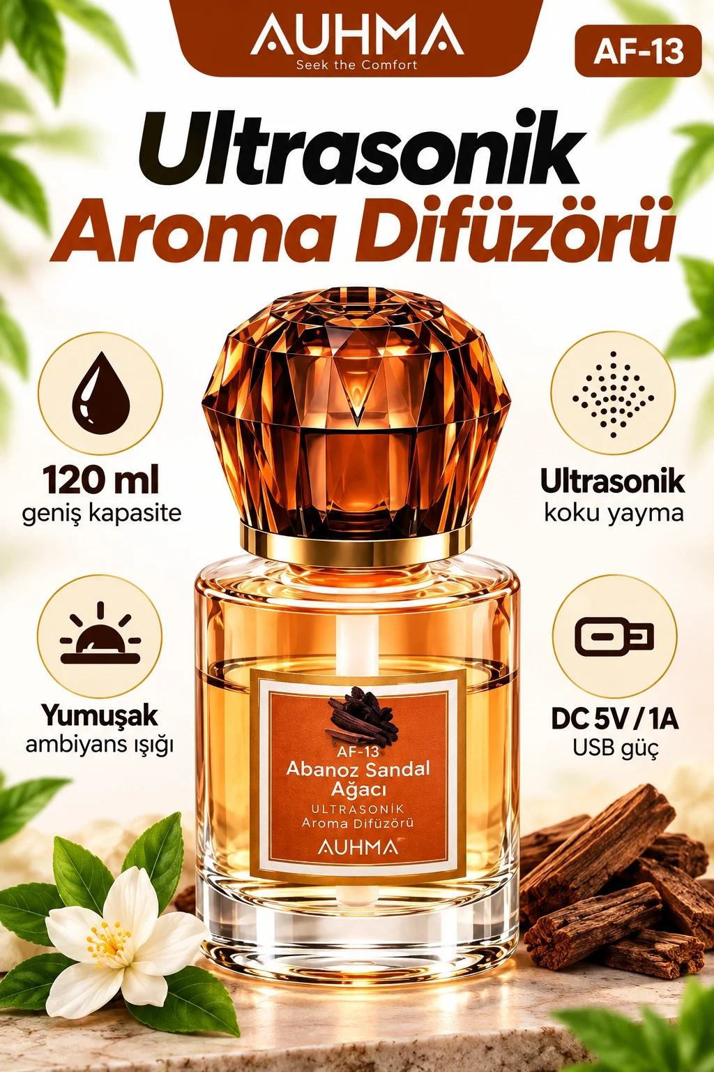 Ultrasonik Aroma Difüzörü 120 ML Abanoz Sandal Ağacı Kokulu LED Işıklı Araç ve Oda Kokusu görsel 4