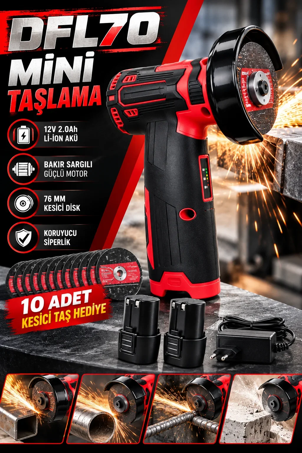 DFL70 Şarjlı Mini Taşlama Makinesi 12V Li-Ion Çift Akü 76 mm Kesici Disk ve 10 Adet Taş