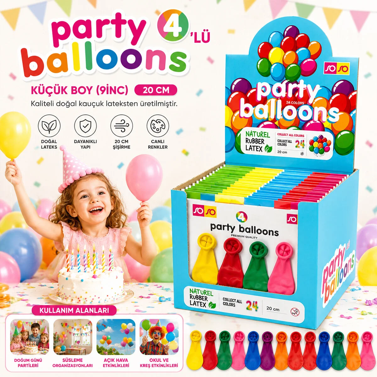 40 Paket - 4PCS Küçük Boy Renkli 20CM Party Balon - Toplamda 160 Adet Balon görsel 2