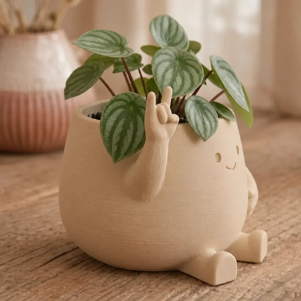 3D Baskı Smiley Face Planter - Gülümseyen Karakterli Saksı-Bej görsel 2