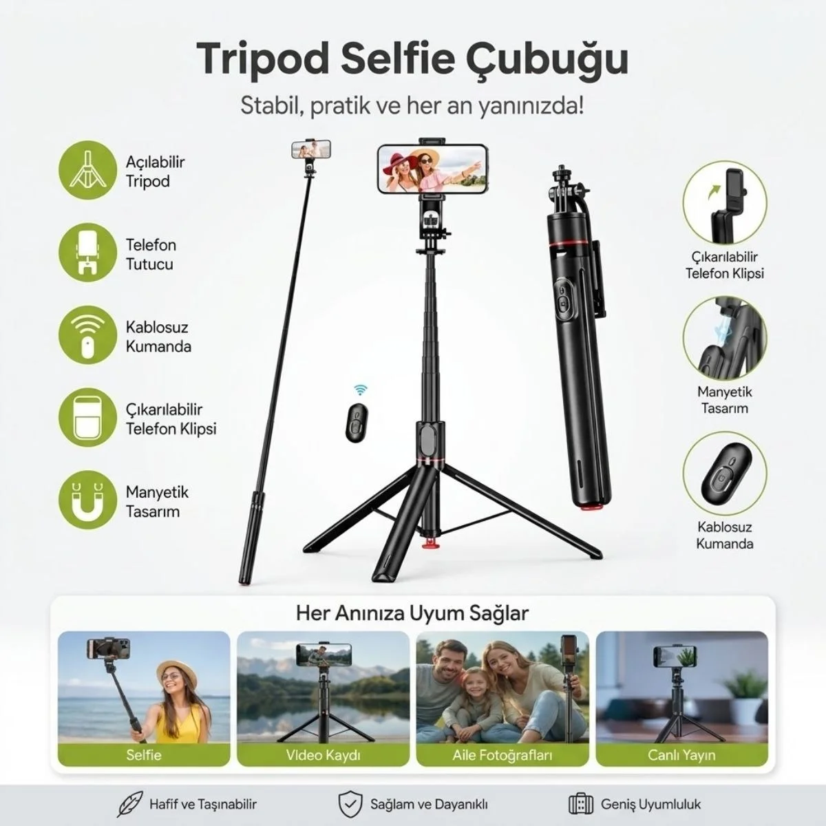 130 cm Uzayabilen Manyetik Kumandalı Tripod ve Ayarlanabilir Telefon Tutuculu, Alüminyum Gövdeli Selfie Çubuğu