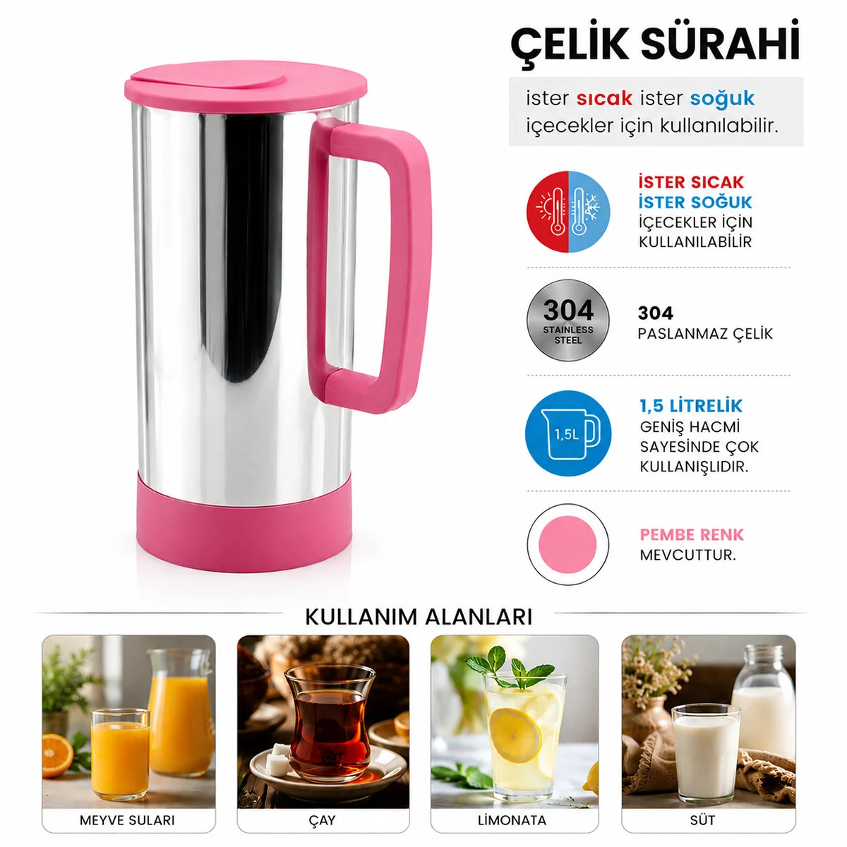 Pembe - Paslanmaz Çelik Sıcak - Soğuk Çelik Sürahi