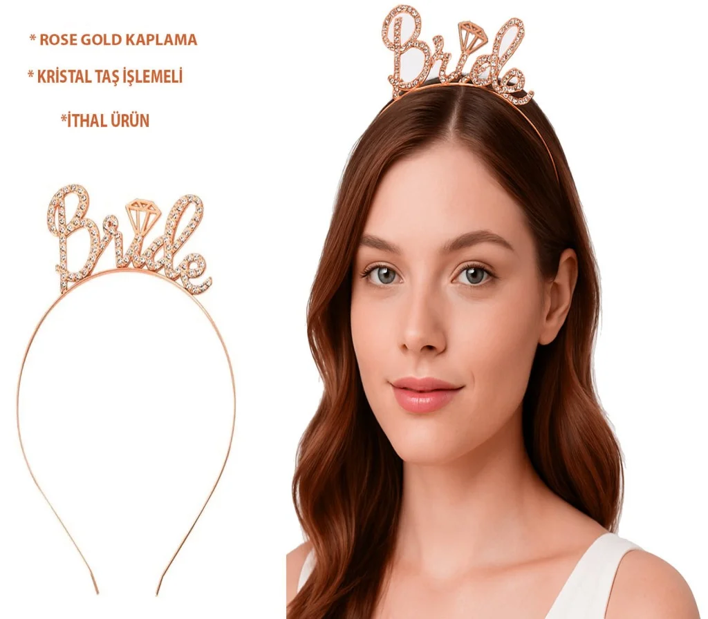 Rose Gold Renkli Taşlı “Bride” Gelin Tacı – El Yazısı Yazı Tipiyle görsel 2
