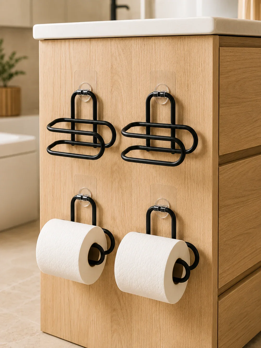 Siyah Metal WC Kağıtlık Yapışkanlı Duvar Tipi Tuvalet Kağıdı Tutucu Seti 4 Adet görsel 3
