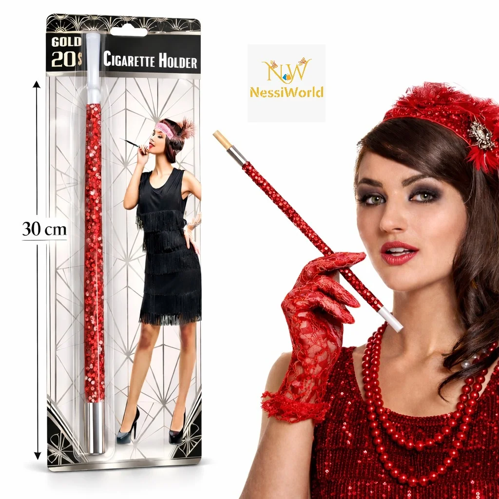 30 cm Kırmızı Payetli Sigara Tutacağı – 1920’ler Gatsby Parti Aksesuarı görsel 2