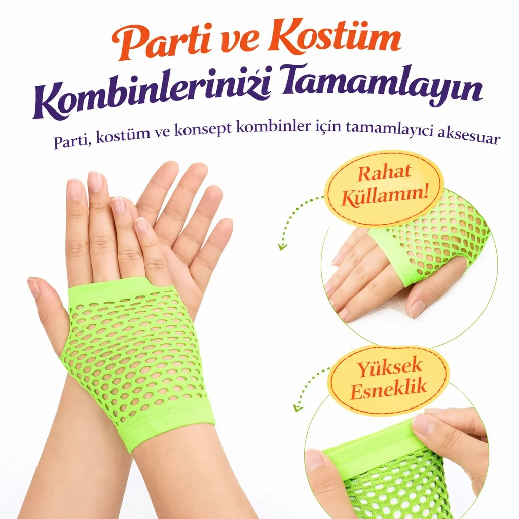 80’ler 90’lar Retro Neon Yeşil File Parmaksız Kısa Eldiven 11 cm görsel 2