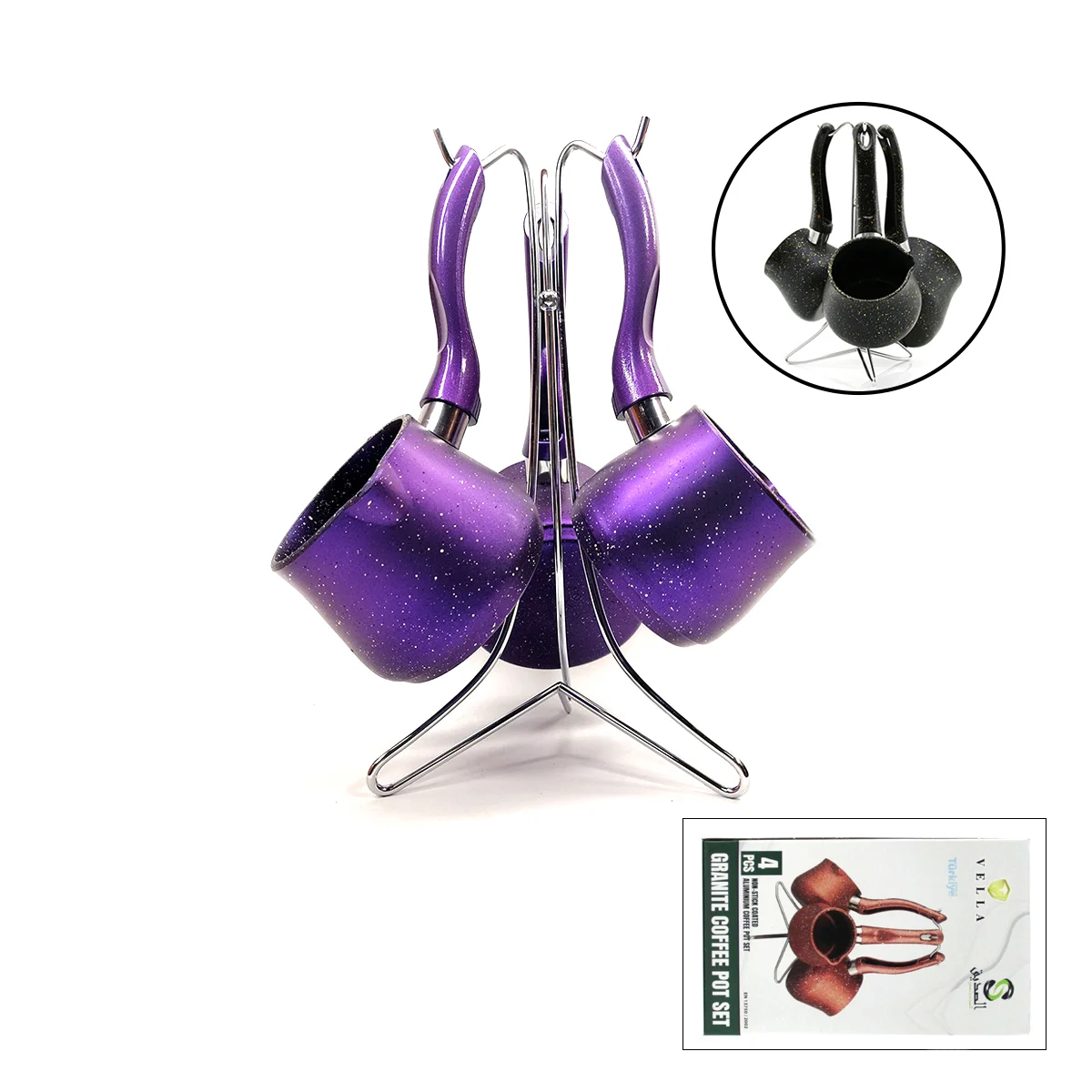 Granit Çelik Cezve Seti (230/280/380 ml) Metal Standlı görsel 2
