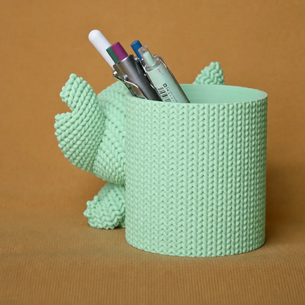 3D Baskı Knitted Kalemlik - Sevimli Karakterli Masaüstü Kalem Organizeri-Mint görsel 2