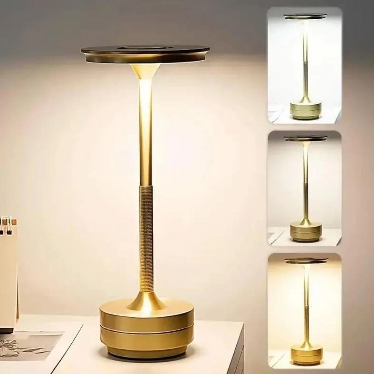 Eskitme Gold Kasa Dokunmatik Şarjlı Masa Lambası – 3 Renk Işık Modlu, LED Aydınlatmalı, Modern & Dekoratif Abajur