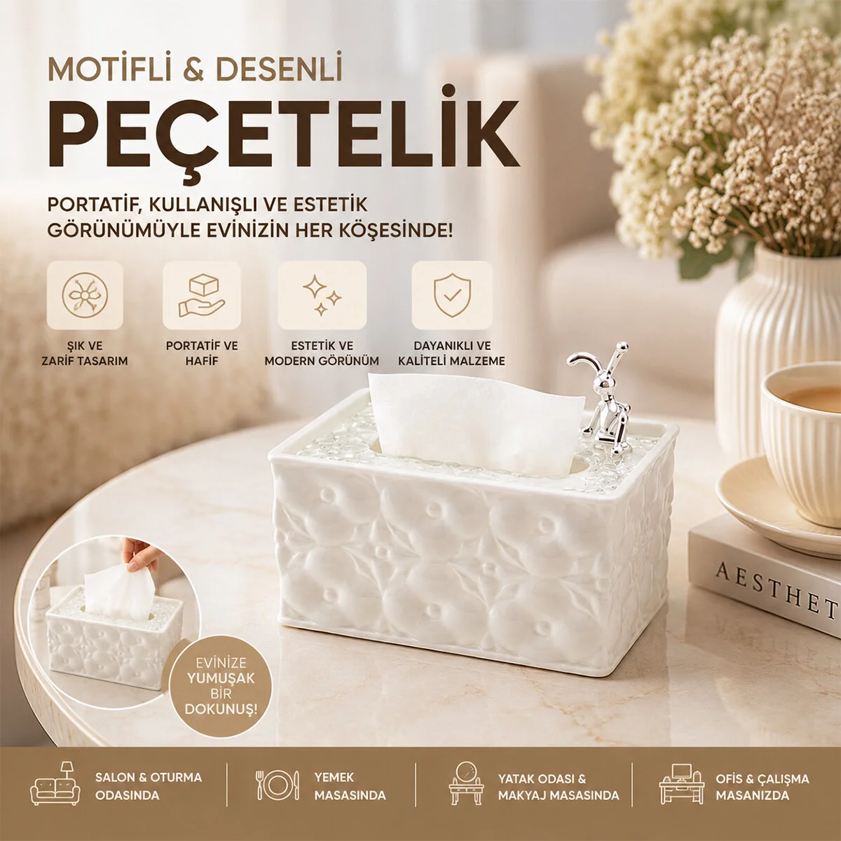 18.4X12.5X9CM Beyaz Yaylı Masaüstü Dekoratif Dikdörtgen Peçetelik