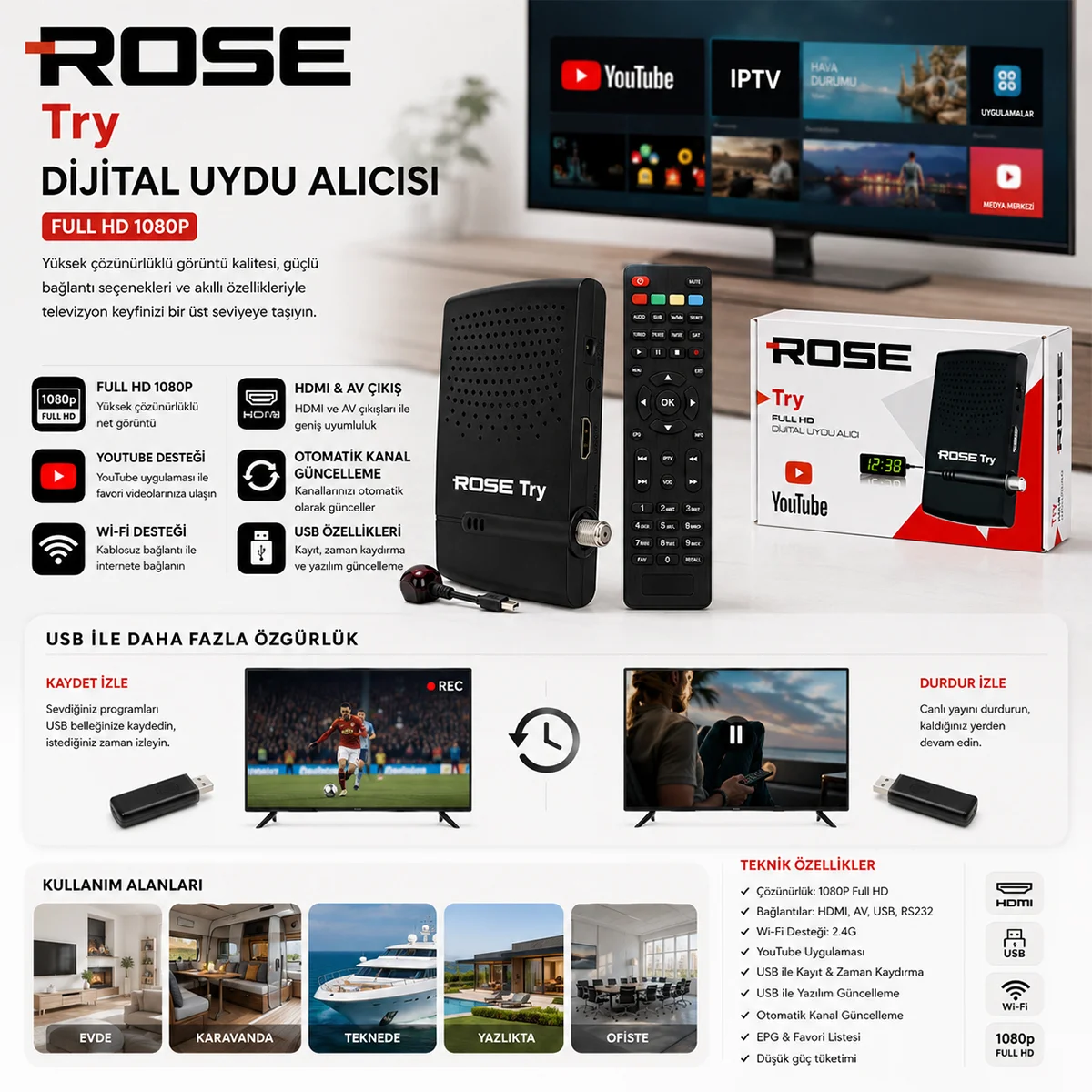 Full HD 1080P Dijital Uydu Alıcısı (WiFi, HDMI, AV, RS232) görsel 2