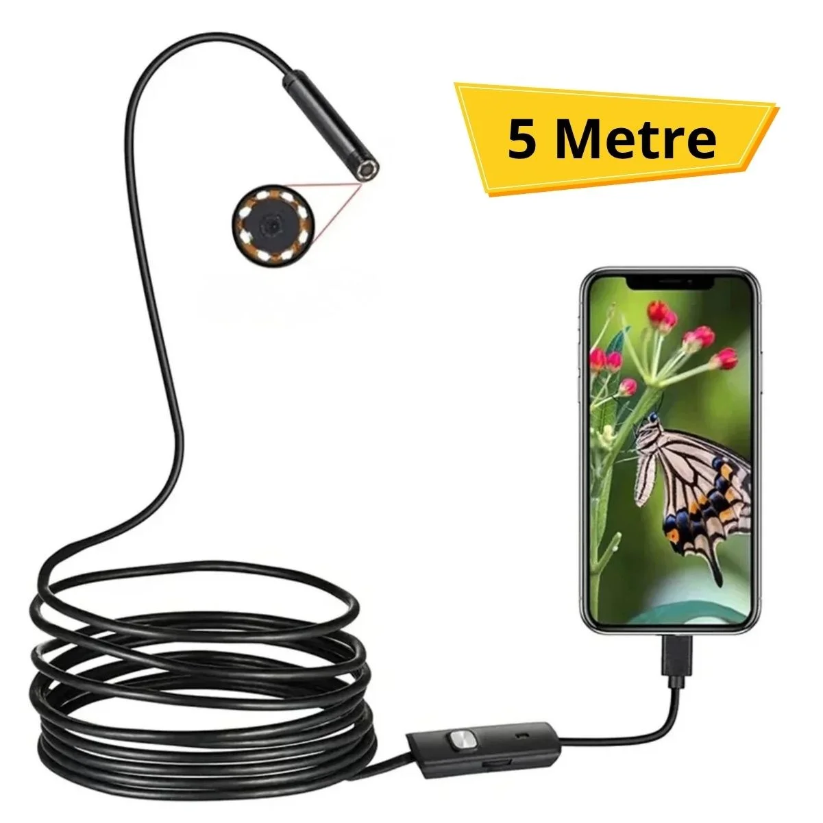 5 Metre Android Telefon Uyumlu 6 LED Işıklı Su Geçirmez Endoskop / Boroskop Yılan Kamera HD
