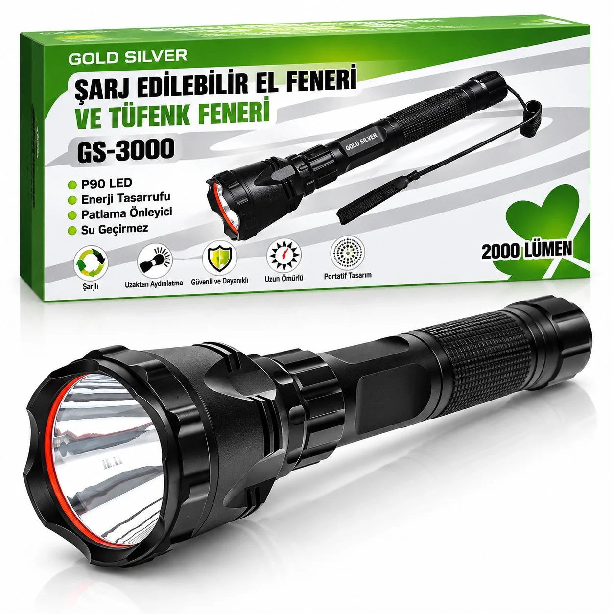 GS-3000 P90 LED 2000 Lümen Şarj Edilebilir El ve Tüfek Feneri görsel 2