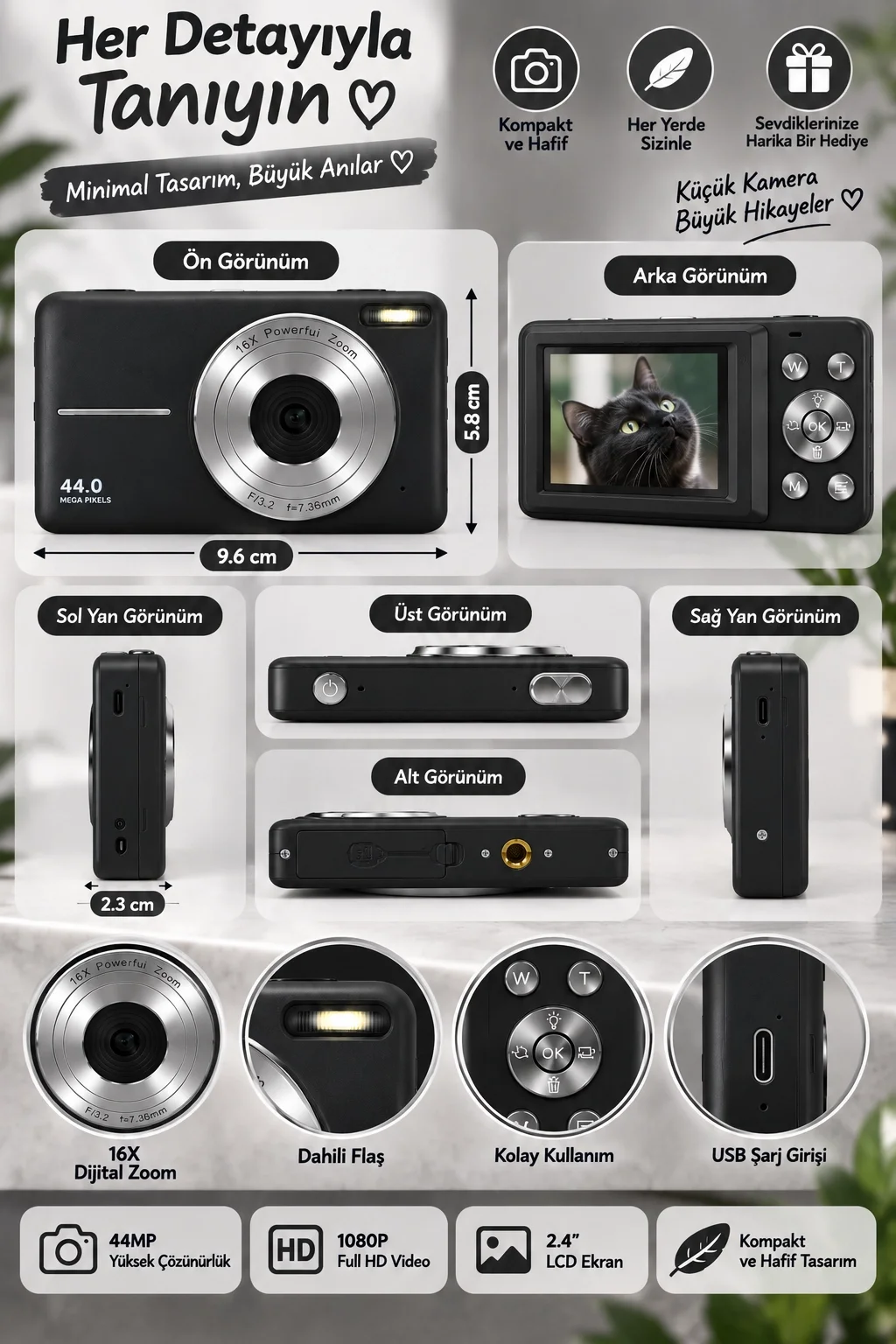 4K Figürlü Çantalı Dijital Video Kamera 44MP 16X Zoom Işıklı Kart Dijital Fotoğraf Makinesi 64gb Hafıza Kart Hediyeli siyah görsel 2