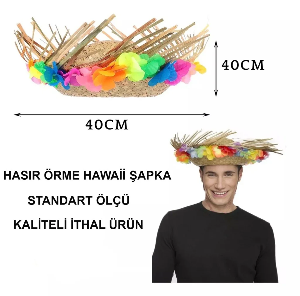 Naturel Renk Püsküllü Örme Hasır Hawaii Luau Aloha Şapka 13x36 cm görsel 4