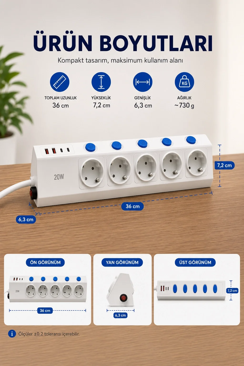 5’li Akım Korumalı Çoklu Priz 2 Metre Kablolu 3680W 16A 5 Anahtarlı 2USB-A 2 USB-C PD 20W Hızlı Ftr-28 görsel 7