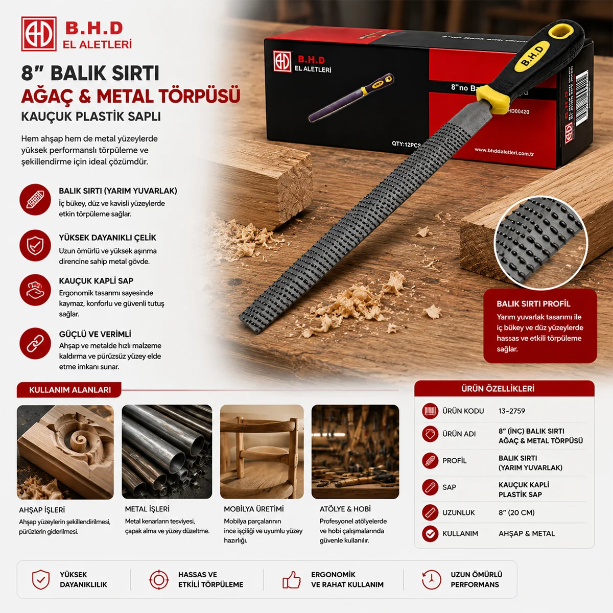 8 inç Balık Sırtı Ağaç ve Metal Törpüsü - Kauçuk Saplı görsel 3