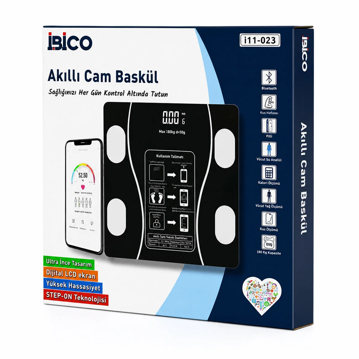 Bluetooth - Vücut izli Dijital Baskül Terazi Tartı 180KG/50G Yağ - Su - Kas Oran - Bmı İ11-023 görsel 3