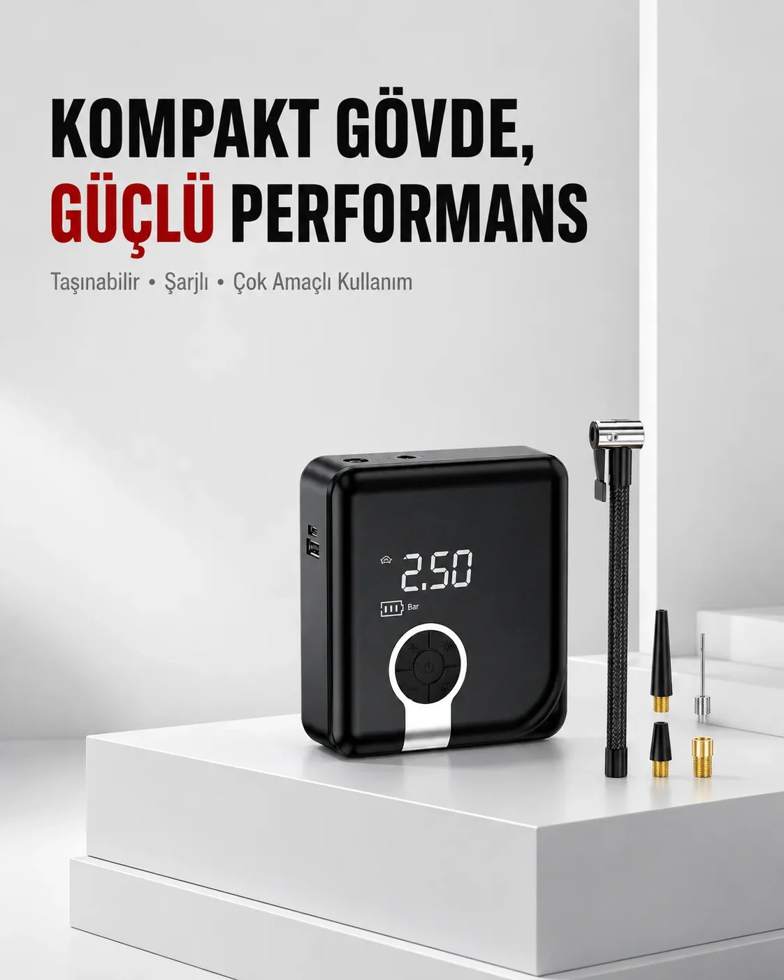 6000mAh Bataryalı Type-C Şarjlı Diyafram Tip Kompresör LED Işıklı