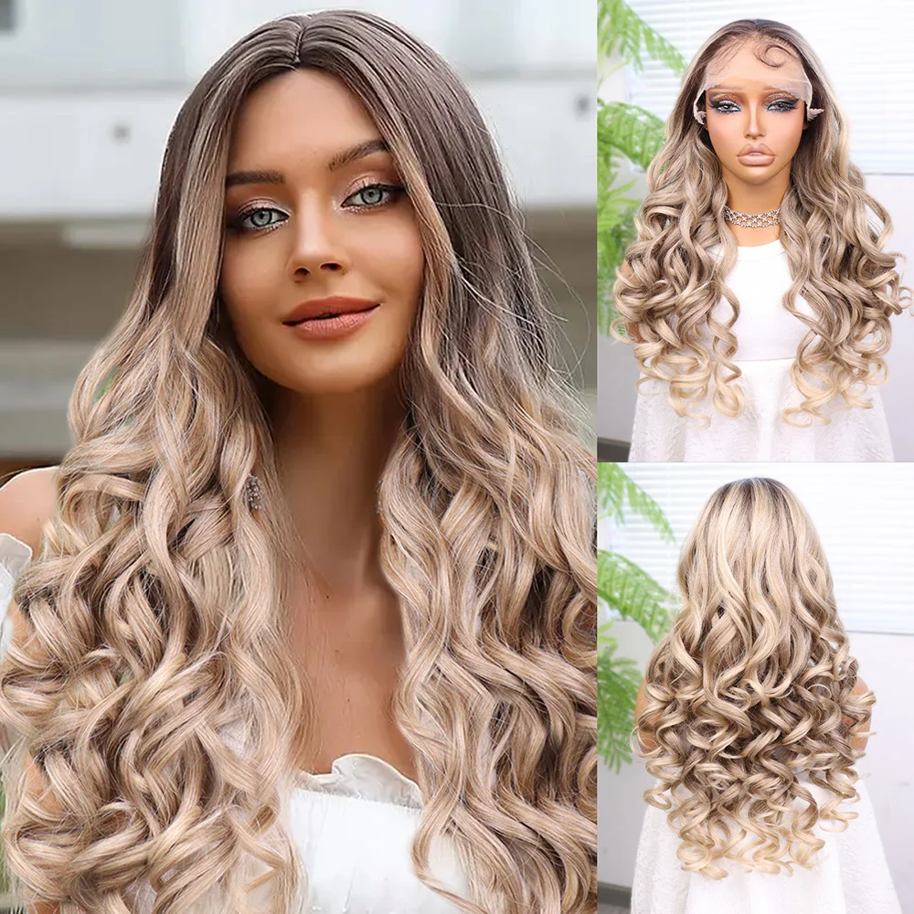 Kumral Platin Ombre Bebek Saçlı Fiber Sentetik Yoğun Dalgalı Tül Peruk