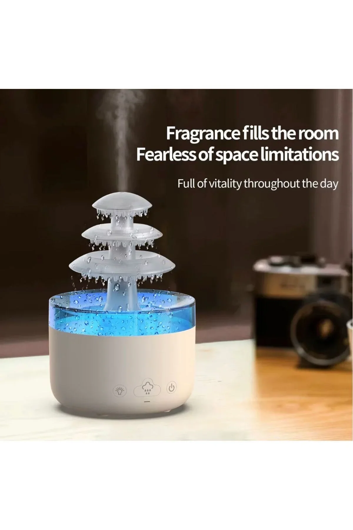3 Katlı Şelale YAĞMUR Tasarımlı Ultrasonik Aroma Difüzör – 6 Renk LED Işıklı Hava Nemlendirici görsel 4