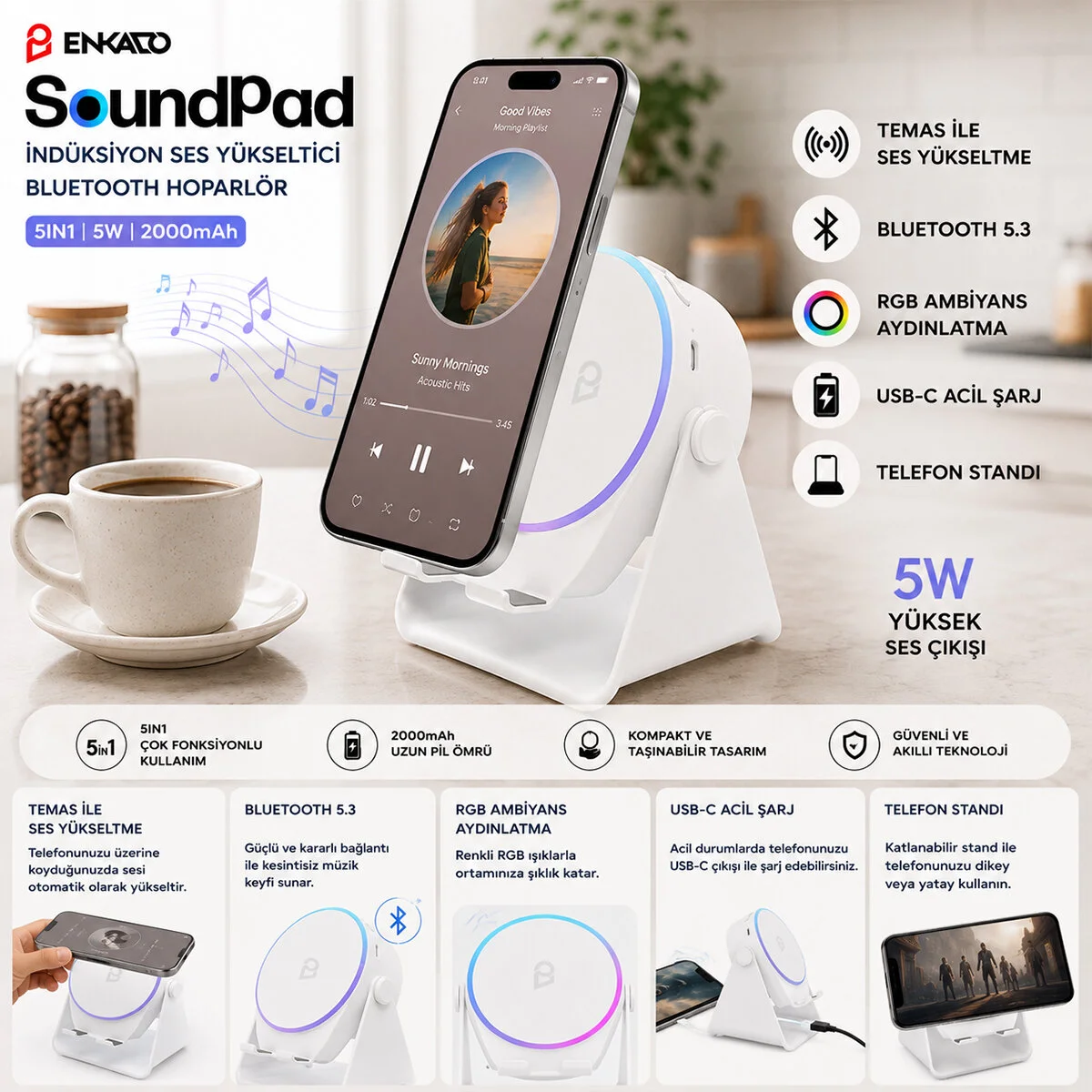 SOUNDPAD 5IN1 - 5W - 2000mAh TEMAS İLE SES YÜKSELTME - TELEFON STAND - USB-C ŞARJ BEYAZ İNDİKSİYON SES YÜKSELTİCİ BLUETOOTH HOPARLÖR SPEAKER EKD-S11 görsel 5