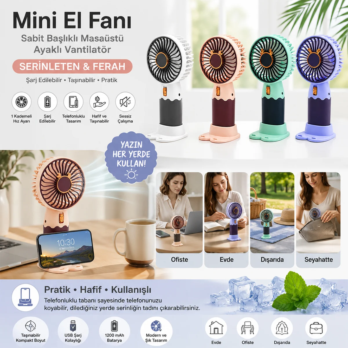 Mini El Fanı Masaüstü Ayaklı 1 Kademe Vantilatör görsel 3