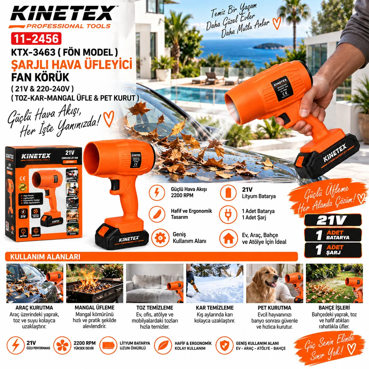Fön Model Şarjlı Hava Üfleyici Fan Körük 21V - 220-240V Toz-kar-mangal Üfle - Pet Kurut Üfleme KTX-3463 görsel 2