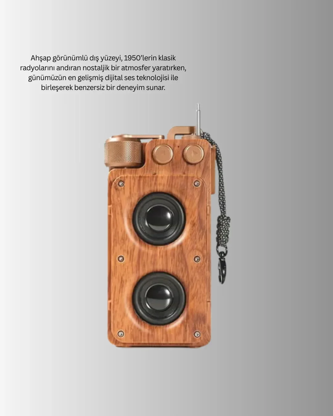 Retro Bluetooth Hoparlör Ahşap Görünümlü 5W Çift Stereo Ses görsel 4