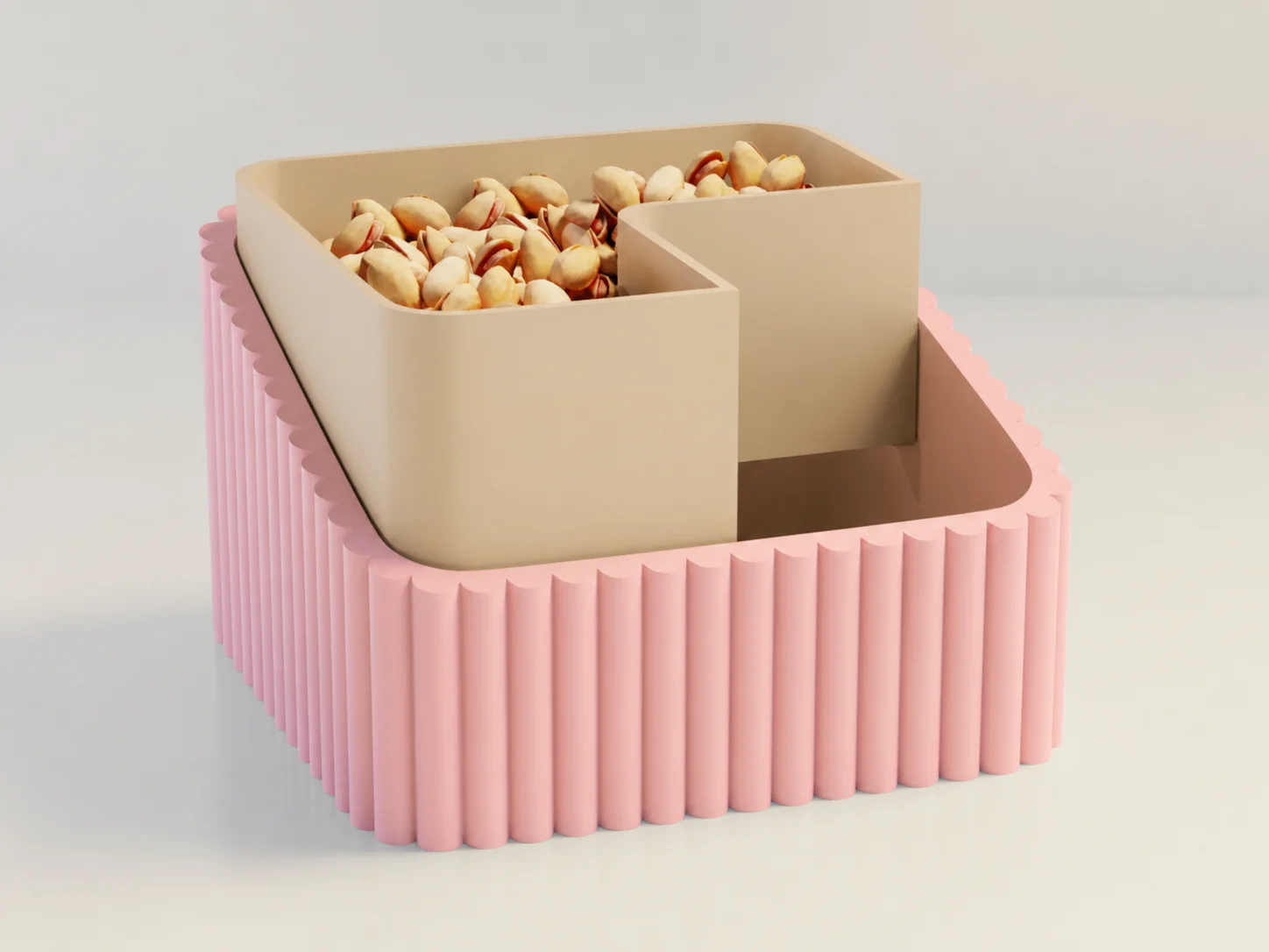 3D Baskı Fıstık Kasesi - Çift Hazneli Kabuk Ayırıcı Sunum Kasesi - Pembe Bej